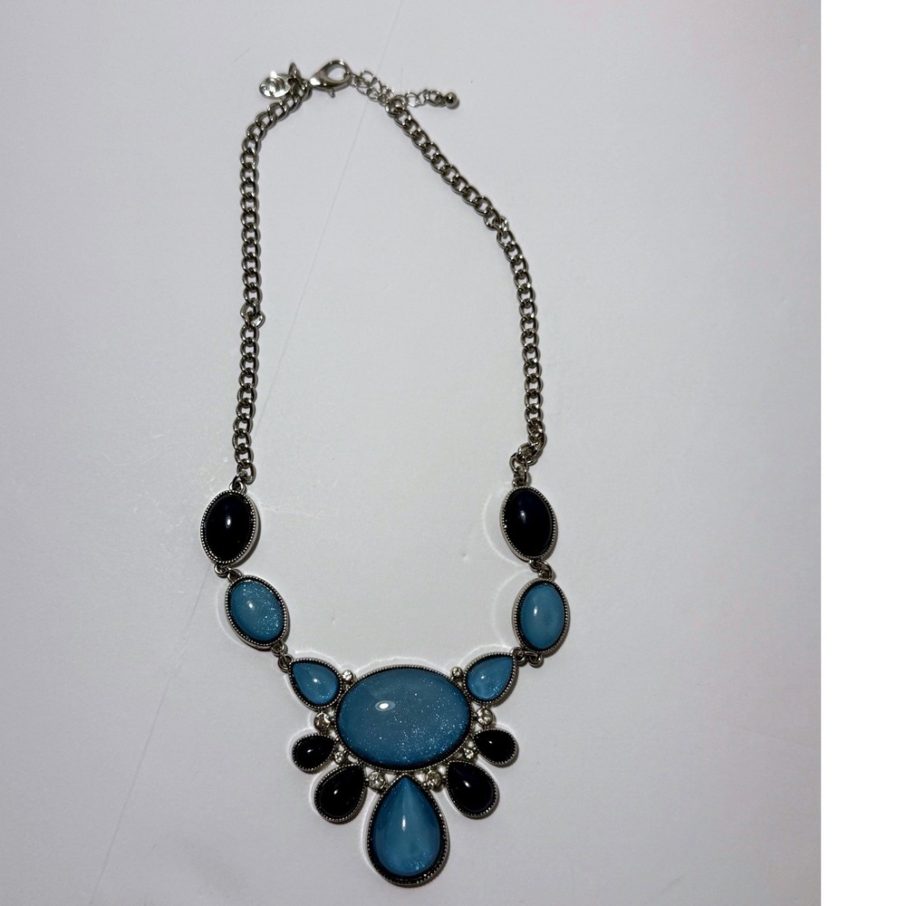 Blue Statement Bib Necklace Navy Light Blue Faux Stone Silver Tone Chain 10in